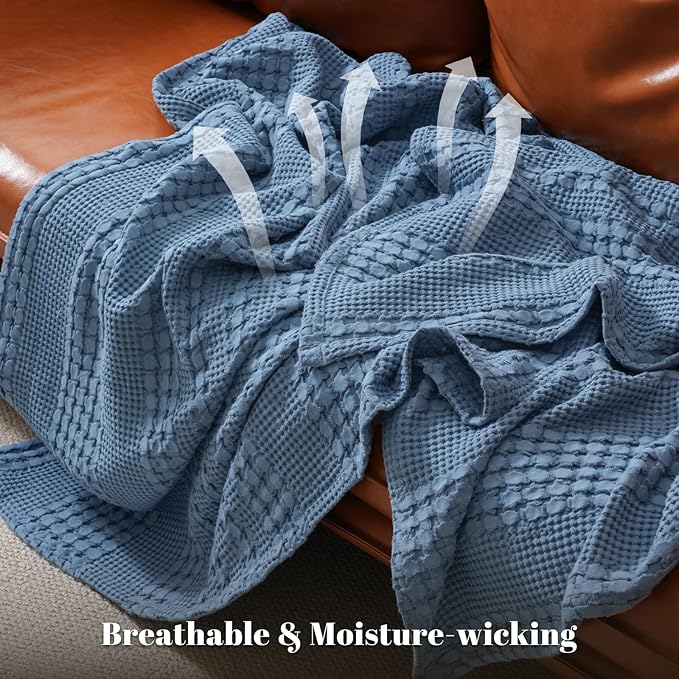 PHF 100% Cotton Waffle Weave Blanket Queen Size for Bed, Soft Lightweight & Breathable, All-Season Comfort, 300 GSM Luxury Aesthetic Blanket for Home Decor, 90"x90", Denim Blue