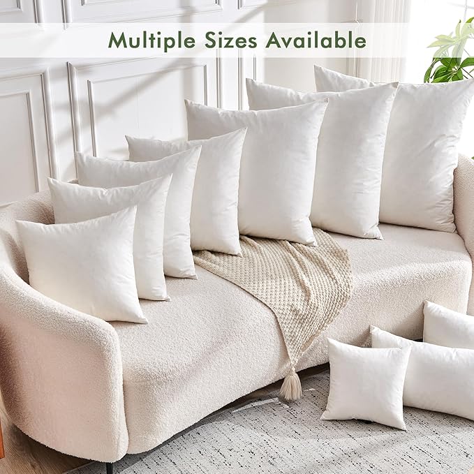 TOPGREEN Feathers Down Throw Pillow Inserts 22x22, Set of 2, 100% Organic Cotton Shell, Soft Decorative Square Pillows Insert for Living Room Sofa, Couch, or Bed (White)
