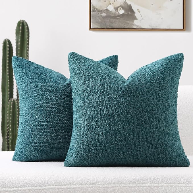 FUTEI Pack of 2 Teal Green Decorative Throw Pillow Covers 24x24 Inch Soft Cozy Solid Boucle Textured European Cushion Case,Modern Home Decor for Couch Bed Living Room