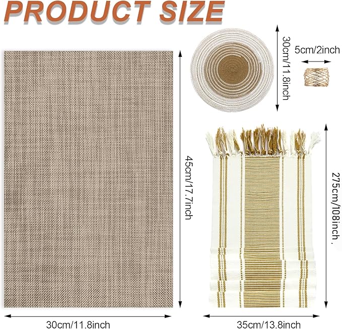 SK Studio 19Pcs Boho Table Runner Placemat and Napkin Ring Set Rectangle and Round Meal Mats Macrame Table Runner with Tassels for Wedding Kitchen Dining, Beige