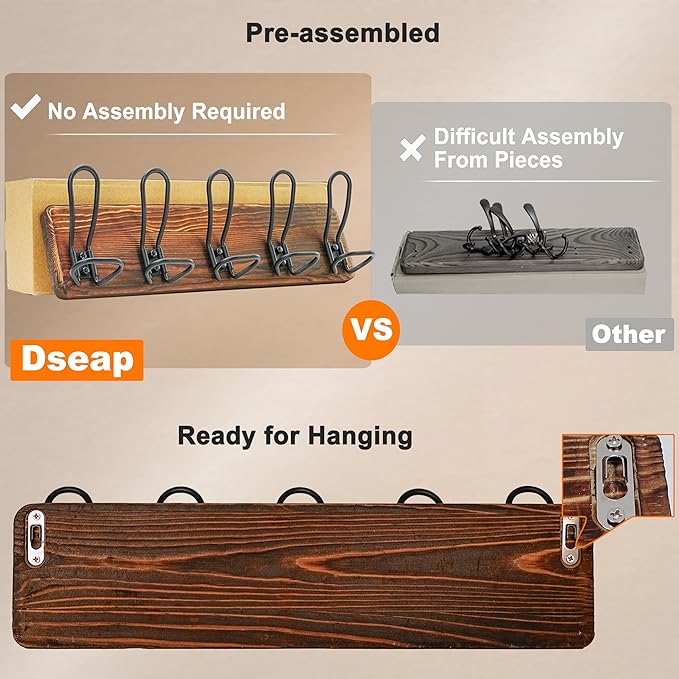 Dseap Coat Rack Wall Mounted - Heavy Duty Farmhouse Rustic Wall Coat Hanger With 5 Wire Hooks for Clothes Hat Jacket Towel, RusticWire, G25A, Weathered Brown & Black