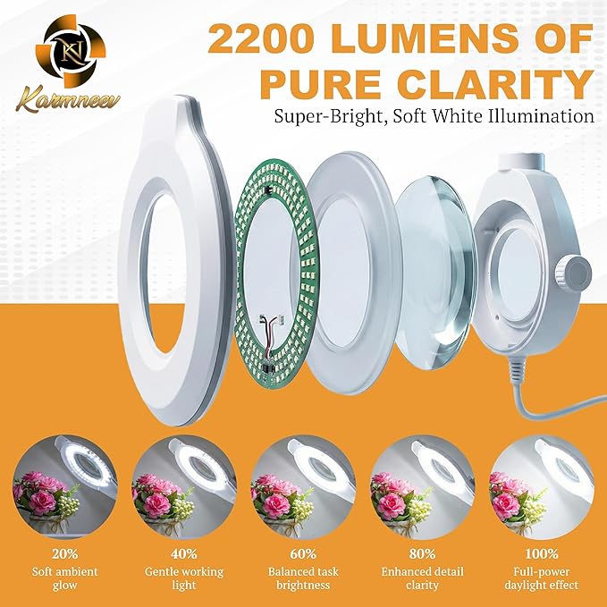 Professional Magnifying Lamp with UV Light, 5X Optical Glass Lens, Adjustable LED Brightness, 360° Swivel Wheels, Extendable Arm, Ideal for Detail Work by Tattoo Artists, Lash Extension Experts