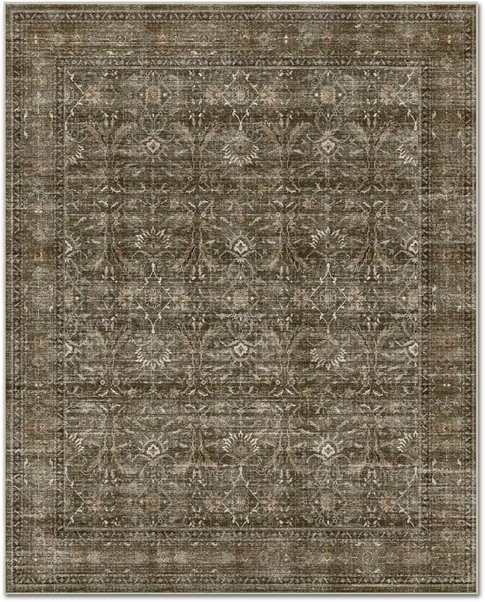 Washable 8x10 Area Rugs for Living Room, Boho Non-Slip Vintage Distress Large Rugs for Bedroom Dining Room Nursery Office, 0.3" Neutral Oriental Throw Thin Carpet, Rust/Multi