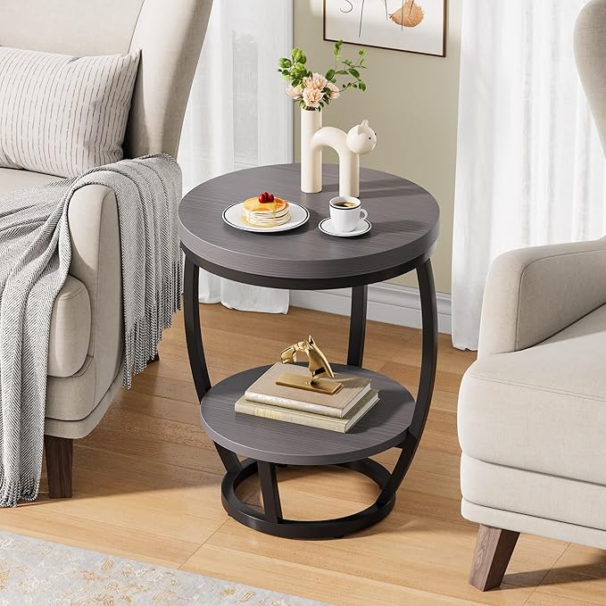Round End Table, 2 Tier Industrial Side Table, Nightstand with Metal Frame, Accent Bedside Table with Storage Shelves for Living Room, Bedroom, Small Spaces, Gray Brown & Black