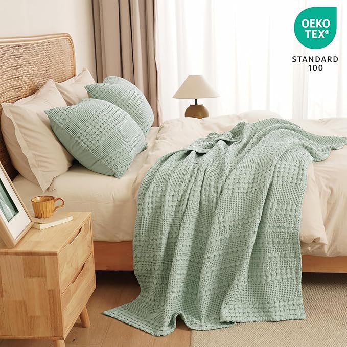PHF 100% Cotton Waffle Weave Throw Blanket, Soft Lightweight Breathable Cozy Throws for Couch Bed Sofa, 300 GSM Luxury Aesthetic Blanket Gift for Home Decor & Office, 50"x60", Mint Green