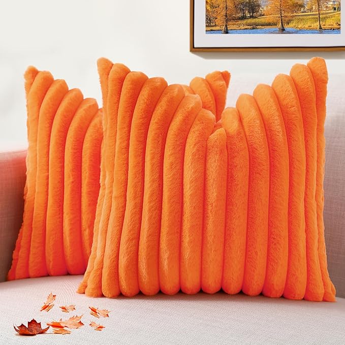 decorUhome Faux Fur Spring Throw Pillow Covers 20x20 Set of 2, Decorative Soft Plush Striped Neutral Couch Pillow Covers with Velvet Back for Sofa, Bed, Living Room Home, Orange