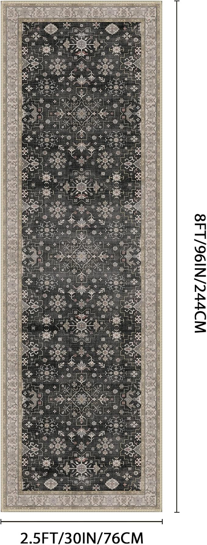 GENIMO 2'6‘’x8 Runner Rug,Machine Washable Non-Slip Vintage Rugs,Low Pile Lightweight Carpet for Bedroom,Hallway,Entryway,Kitchen,Bathroom,Black