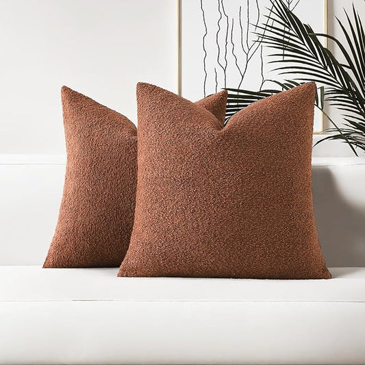 HAUSSY Set of 2 16x16 Decorative Throw Pillow Covers, Soft Cozy Textured Boucle Couch Cases, Home Decor for Couch Bed Living Room, Rust