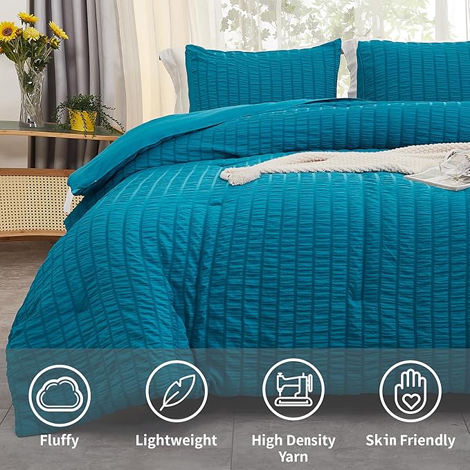AveLom Teal Seersucker Twin/Twin XL Comforter Set (68x90 inches), 2 Pieces-100% Soft Washed Microfiber Lightweight Comforter with 1 Pillowcase, All Season Down Alternative Comforter Set for Bedding