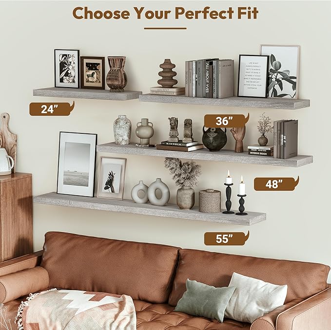 Vivelove Elm Wood Floating Shelves, Wooden Shelves for Wall with Invisible Bracket for Living Room Bedroom Bathroom Office Book, Rustic Farmhouse Decor Storage & Display, 48 Inch Set of 1- Grey