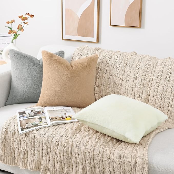 Pallene Faux Fur Plush Lumbar Throw Pillow Covers 12x20 Set of 2, Soft Fluffy Couch Pillow Covers for Living Room, Khaki