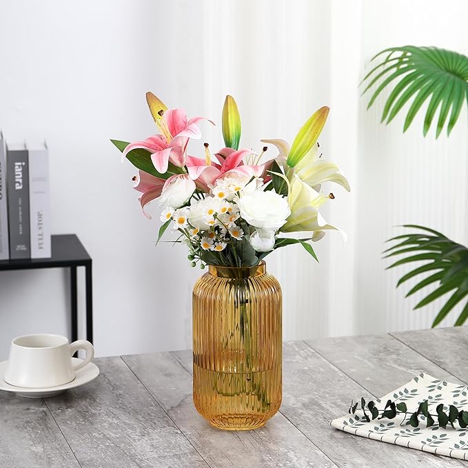 Ribbed Glass Vase, Amber Flower Vase for Bouquet, Glass Vases for Flowers, Modern Vases for Living Room, Bedroom, Kitchen, Dining Table, Office, Wedding, 8.6 Inches