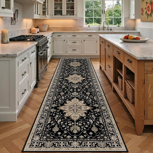 RELEANY Area Rugs 2'x7' Washable Non-Slip, Floral Vintage Distress Print Pattern Medallion Carpet for Living Room Bedroom Dining Room, Black Brown Neutral Dark Tan