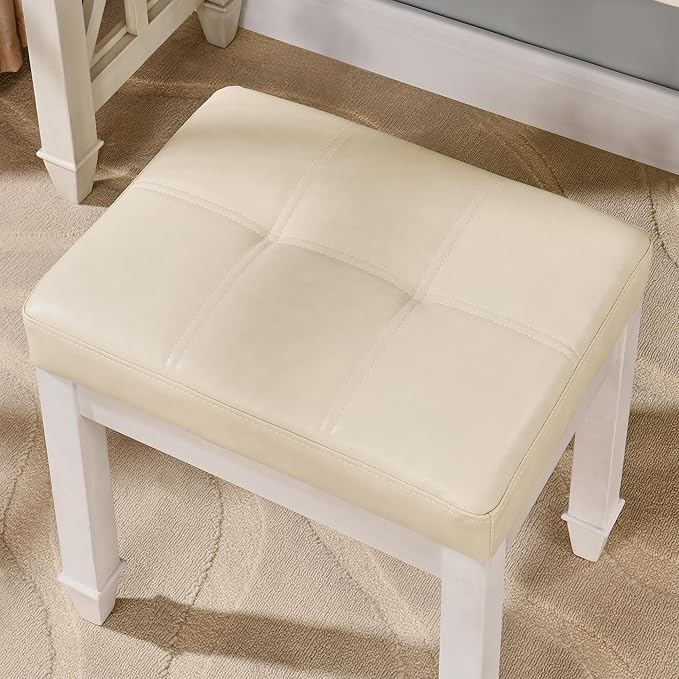 Vanity Stool Bench with Faux Leather Upholstered , Makeup Dressing Bench with Solid Wood Leg, Piano Bench Stools, Child Stool,18.5"L x 14.2"W x 18.5"H Stools, White Leg & Beige Surface FD2405PBG
