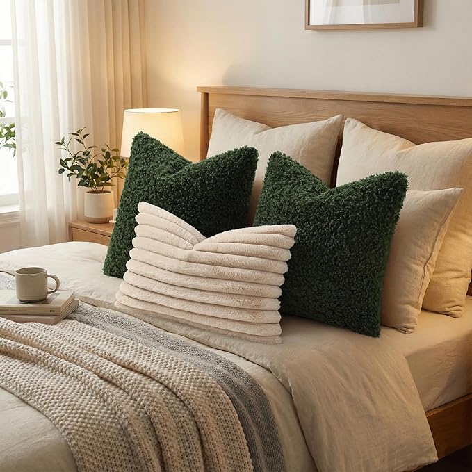 decorUhome Pack of 2 Throw Pillow Covers 18x18 Inch, Faux Fur Decorative Sherpa Pillow Covers Fuzzy Accent Soft Sheepskin Fleece Pillow Cases for Couch Living Room Bed, Olive Green