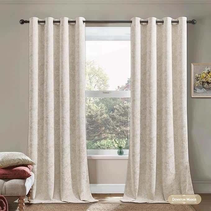 Beauoop Beige Floral Jacquard Blackout Curtains 96 Inches Long 2 Panels for Bedroom Living Room Taupe Flower Chenille Room Darkening Thermal Insulated Soundproof Grommet Window Treatments Drapes 52x96