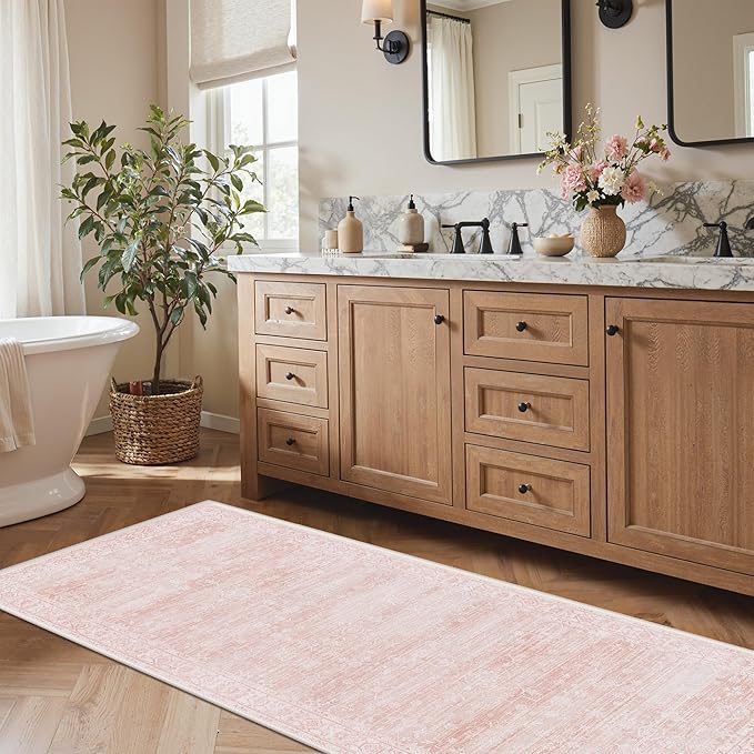 GENIMO 2'6''x6 Runner Rug,Machine Washable Non-Slip Vintage Rugs,Low Pile Lightweight Carpet for Bedroom,Hallway,Entryway,Kitchen,Bathroom,Pink