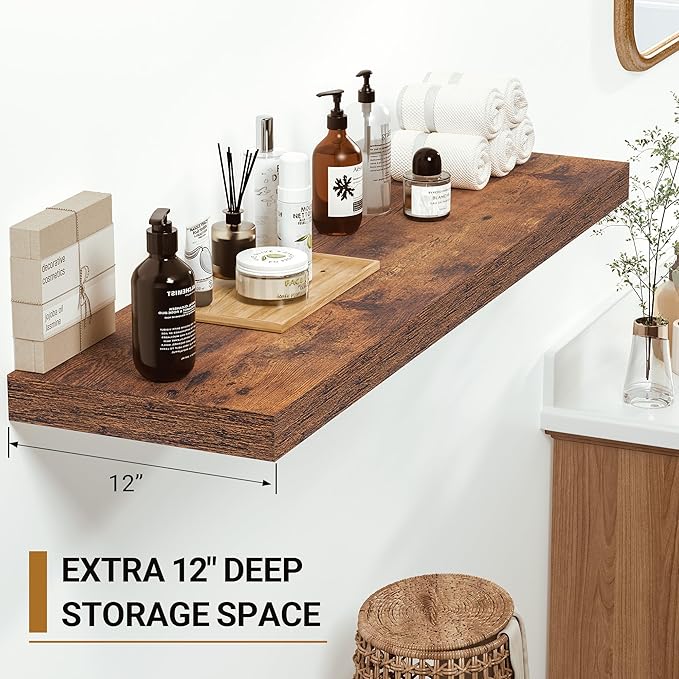 Vivelove 12" Deep Floating Shelves for Wall, [Wood Grain Texture] 12" Long Wall Shelves for Living Room Bedroom Bathroom Kitchen Office, Farmhouse Rustic Shelves Home Decor, Set of 2, Rustic Brown