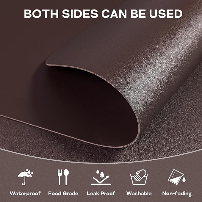 Faux Leather Placemats Set of 6, Vinyl Placemats Heat Resistant Place Mats, Waterproof Oil-Proof Wipeable Dining Table Mats and Coasters for Kitchen, Indoor, Outdoor (Coffee 16 x 12 inch)