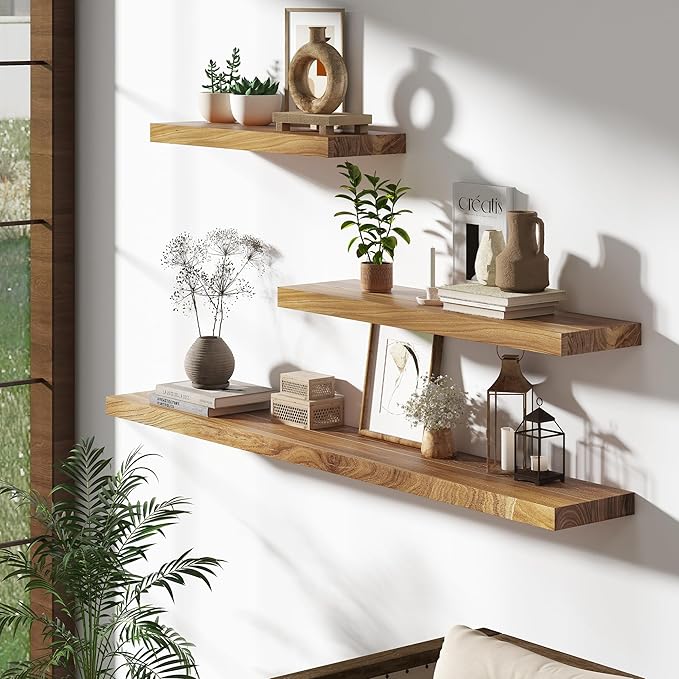 Rustic Floating Shelves for Home Decor, 32 Inch Long Wall Shelves Set of 2, Solid Elm Wood Floating Shelf for Wall, 8 Inch Deep Bookshelf for Storage & Display, 32 x 8 Bathroom Shelf, Natural Color