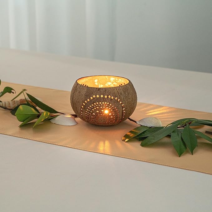 Restaurantware-Coco Casa 4 x 3.3 Inch Coconut Shell Candle Holders, 10 Reusable Tealight Holders - Candle Not Included, Rainbow Pattern, Tan Coconut Bowls For Candles, Handcrafted