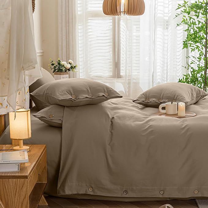 JELLYMONI Cotton Duvet Cover Queen Size - Khaki Comforter Cover with Button 100% Washed Cotton 3PCS Breathable Soft Solid Bedding Set Duvet Cover 90×90in & 2 Pillowcases (NO Comforter)