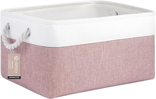 Large Storage Baskets- 15.7x11.8x8.26 inch Storage Bins for Shelves and Closet Organizing, Foldable Fabric Bin for Home Organization Clothes and Laundry (1-Pack, White&Pink)