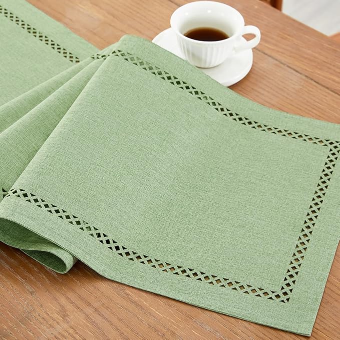 Burlap Style Farmhouse Table Runner, 13 x 90 Inch Avocado Green, Rustic Geometric Hollow Table Runners 90 Inches Long for Dresser Table Everyday Use, 13x90 Inches, Avocado Green