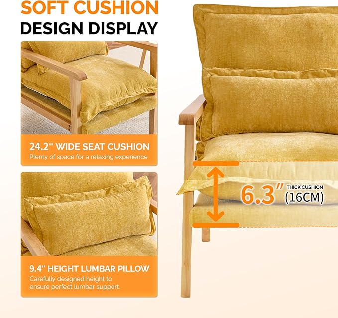 VINGLI Mid-Century Modern Cloud Accent Armchair with Lumbar Pillow, 6.3'' Thick Seat Cushion Comfortable Reading Chair with Wooden Armrests，Boho Lounge Chair for Bedroom, Living Room, Chenille, Yellow