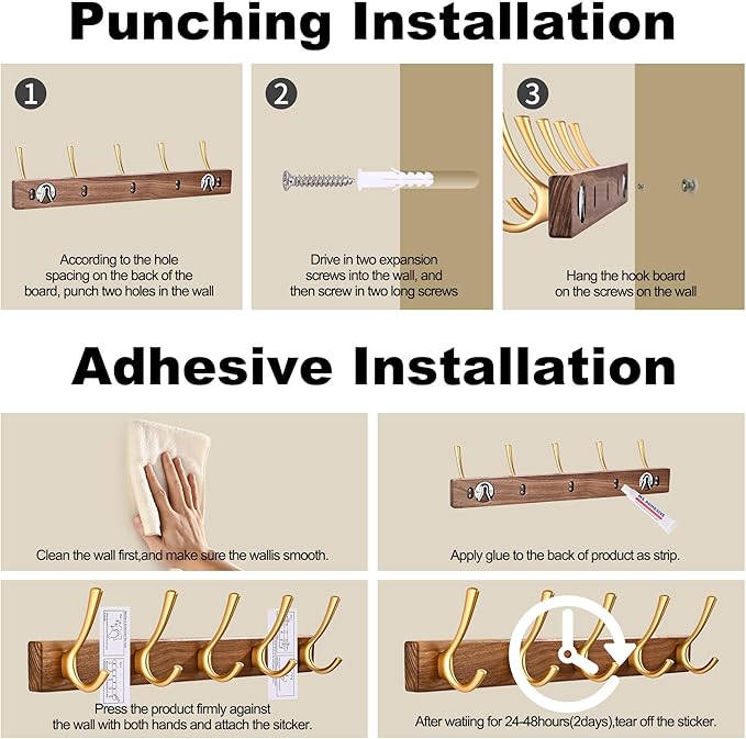 17.3" Small Walnut Wood Coat Rack Wall Mount with 5 Hooks, Heavy Duty Wooden Jacket Hanger Door Mounted for Decorative Entryway Bathroom Hanging Towel Backpack Purse Clothes Hat Key Gold