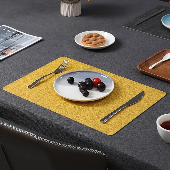 Myir JUN Dual Sided Placemats, Faux Leather Set of 4 for Dining Table Indoor Outdoor, Square Non-Slip Washable Table Mats (Gray Yellow)