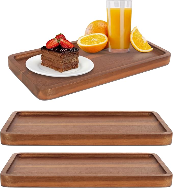 KOLWOVEN Solid Acacia Wood Serving Tray - 3 Pack, 11.8" x 5.9" Rectangular Wooden Serving Platter, Wood Boards for Food, Mini Cheese Board for Vegetable, Charcuterie, Appetizer, Decor (Set 3)