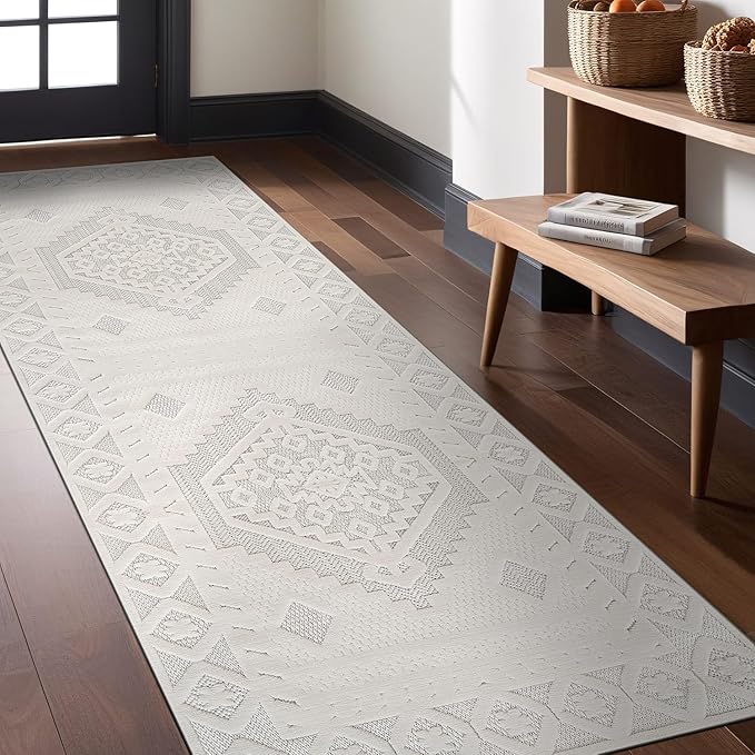 Luul Home Modern Micro Loop Indoor Runner Rugs for Living Room Bedroom Kitchen Geometric Trellis White 2x7 Luxury Durable Low and High Pile Non-Shedding Stain Resistant Soft Area Carpet 2 x 7