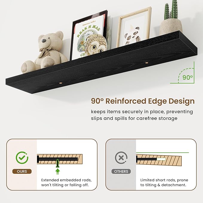 48in Floating Shelves for Wall, 48"W x 9.25"D x 1.25"H, 2 Pack Long Wall Mounted Engineered Wood Shelves with Invisible Brackets for Living Room, Bedroom, Bathroom, Kitchen Decor and Storage, Black