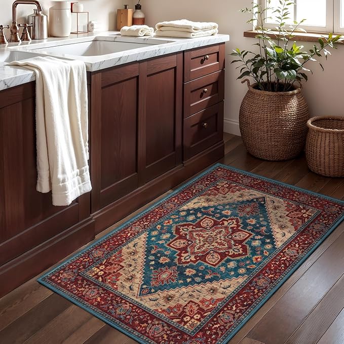 Kitchen Rugs 2x4 Washable Rug for Entryway Vintage Non Slip Small Rugs Front Door Mat Indoor Entrance, Print Distressed Throw Rug Red/Blue, Soft Low Pile Small Carpet for Entry Bedroom Bathroom