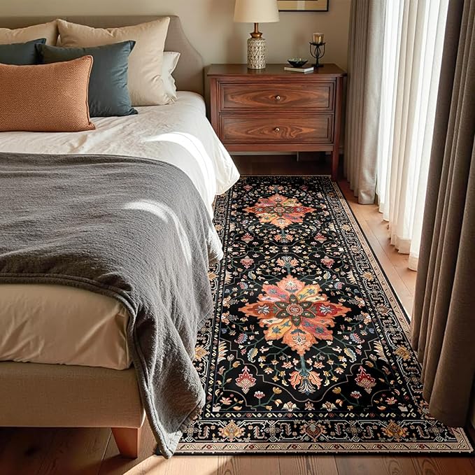 RELEANY Area Rugs 3'x8' Washable Non-Slip, Floral Vintage Distress Print Pattern Medallion Carpet for Living Room Bedroom Dining Room, Black Colorful Floral Dark Tan