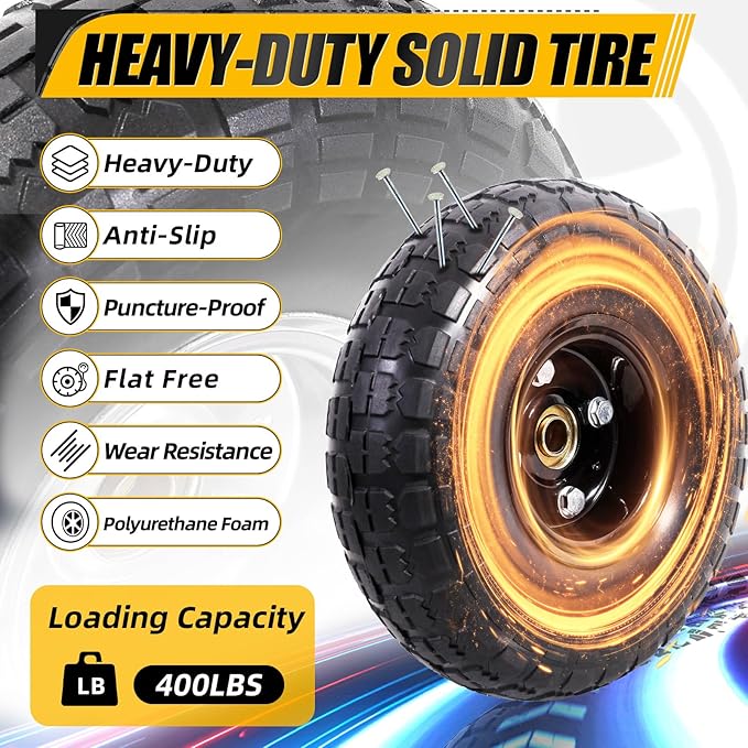 MZREXN 2-Pack 10" Flat Free Solid Tires 4.10/3.50-4 Tire and Wheel, with 5/8" Axle Bore Hole, 2"-2.2" Offset Hub, for Hand Truck, Garden Cart,Trolleys, Yard Trailers, Utility Cart, Black