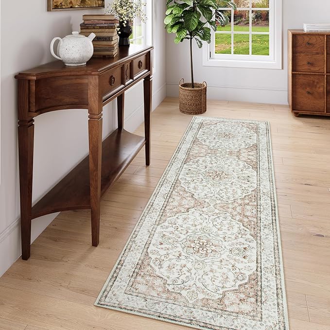 Lahome Boho Runner Rug,2.5x8 Non-Slip Hallway Carpet Runner with Rubber Backing,Terracotta Kitchen Runner Rugs Non Skid Washable,Oriental Vintage Thin Runner for Entryway Bathroom,(8ft,Terracotta)