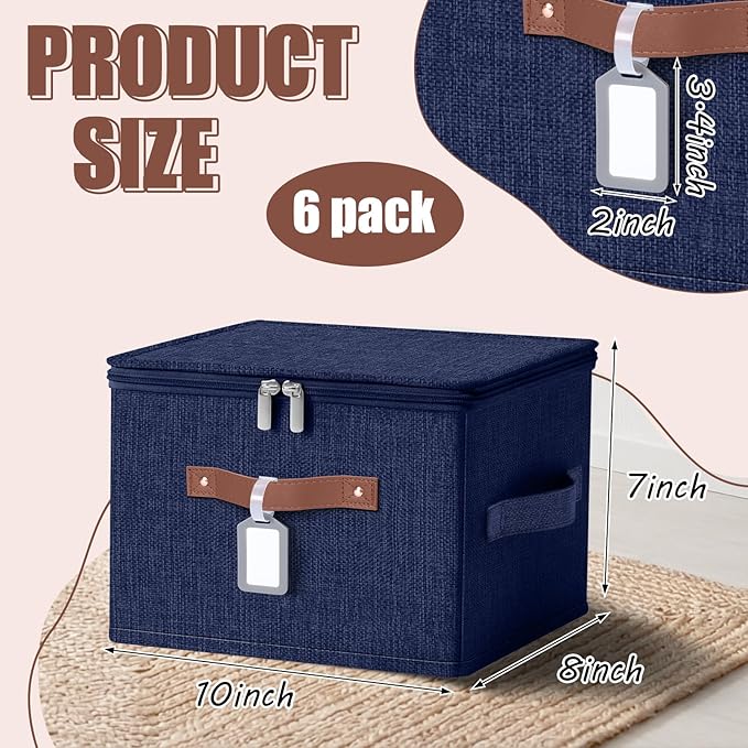 6 Pack Fabric Storage Bins with Lids and Label, 10×8×7Inch Foldable Cotton Linen Cute Storage Boxes with PU Leather Handles for Closet, Bedroom, Shelf, Nursery, Dark Blue