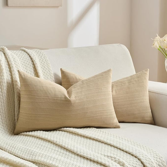 FUTEI Apricot Chenille Decorative Throw Pillow Covers 12x20 Inch Set of 2,Soft Crushed Striped Texture Lumbar Pillow Cases,Modern Home Decor for Couch Bed Living Room