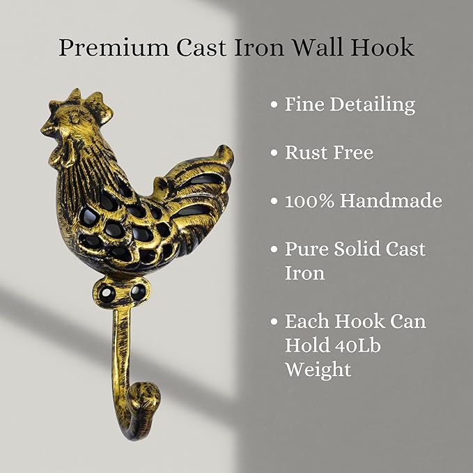 Set of 3 Cast Iron Rooster Shape Coat Hooks Wall Art Decor-Rooster Shape Hangers and Key Holder-Clothes Rack and Backpack Hanger-Coat Hooks Home Decor for Storage, Living Room,Hallway (Brass Antique)