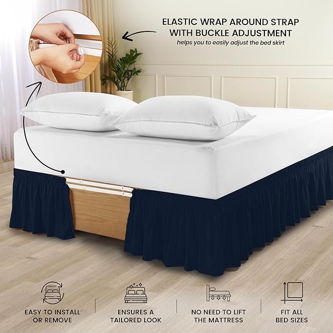 Utopia Bedding Twin Elastic Bed Ruffle - Easy Wrap Around Ruffle - Microfiber Bed Skirt with Adjustable Elastic Belt 16 Inch Tailored Drop - Hotel Quality Bedskirt, Fade Resistant (Twin, Navy)