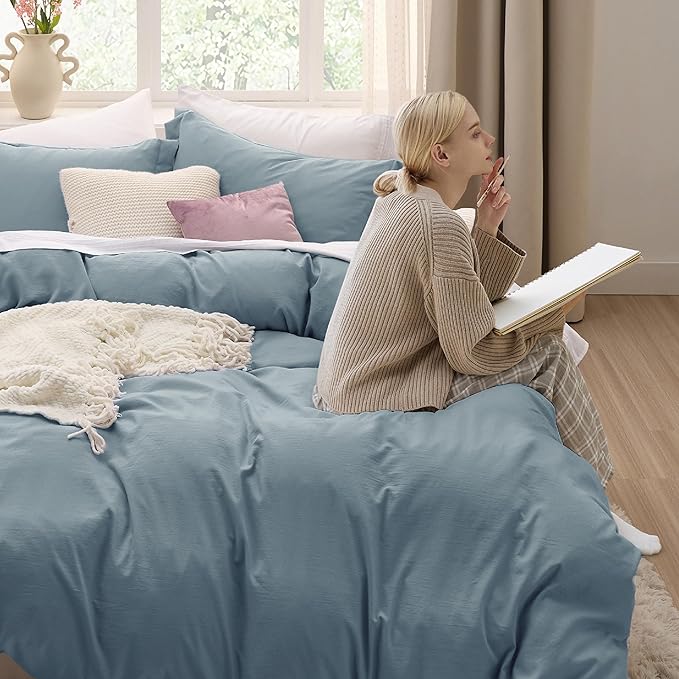 Bedsure Grayish Blue Duvet Covers Queen Size - Prewashed Cotton-Like Duvet Cover, Soft Queen Duvet Cover Set 3 Pieces with Zipper Closure, 1 Duvet Cover 90x90 inches and 2 Pillow Shams