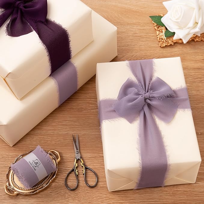DORIS HOME Pastle Purple Chiffon Ribbon for Flower Bouquet, 2" x21Yd Fabric Ribbon for Gift Wrapping, Handmade Frayed Ribbon for Wedding/Christmas Decorations