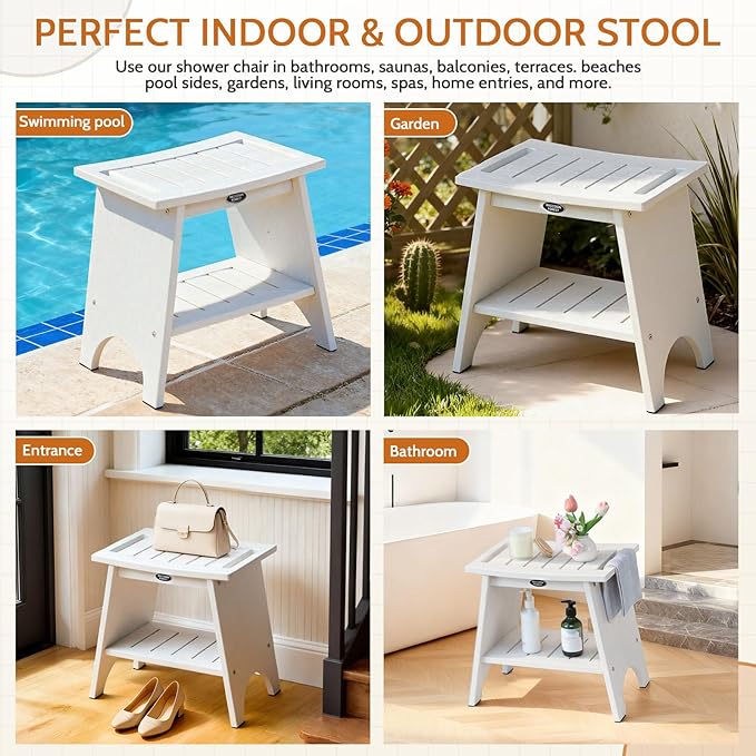 Shower Benches for Inside Shower to Sit On, Shower Stool for Shaving Legs, 500lbs Shower Chair With Space-Efficient Storage Shelf, Waterproof Shower Seat for Spa Bathroom, Indoor or Outdoor Use(White)