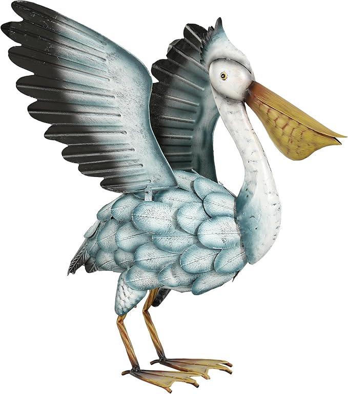 18.5" Metal Pelican Yard Decor - Handmade Large Coastal Ocean Bird Sculptures with Stable Ground Stakes, Backyard Decoration, Metal Garden Art