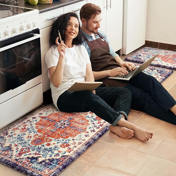 KIMODE Anti Fatigue Kitchen Mat, Boho Distressed Kitchen Rugs Sets of 2, Kitchen Floor Mats Non Slip Cushioned, Waterproof Standing Mat for Laundry, Office, Sink, Desk, Orange/Purple