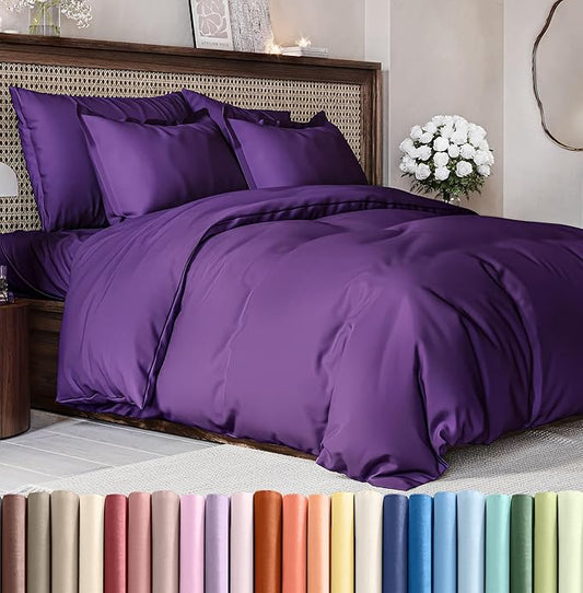 Duvet Cover King Size Set - Extra Soft King Size Duvet Cover 104 x 90 with 2 Pillow Shams - Hotel Luxury, Easy Care and Fade Free with Zipper Closures & Ties - Comfy, Breathable Bedding Set (Purple)