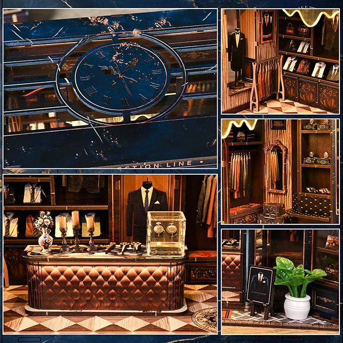 DIY Book Nook Kit - DIY Miniature Dollhouse Kit 3D Wooden Puzzles Gentleman's Clothing Store, Tiny House Bookshelf Decor with LED, Gift for Adults Teens - Golden Section Line