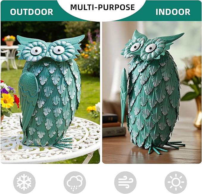 14" Metal Owl Statue - Handmade Cute Bird Sculpture for Yard & Garden Decor, Boho Home Accent for Shelf, Desk, Living Room, Bedroom, Office, Nice Gift for Bird Lovers